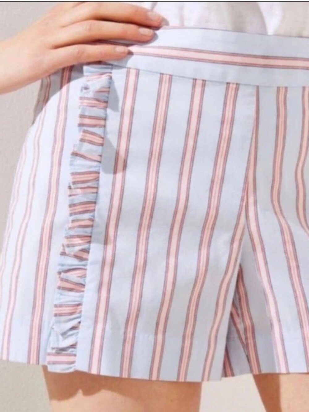 LOFT Size 14 Light Blue, Pink and White Striped Ruffled Detail Tailored Shorts